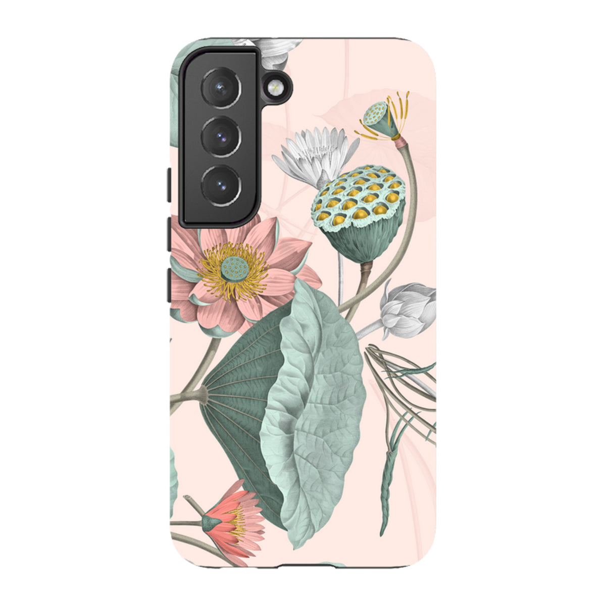 Samsung Tough Case featuring a vintage botanical lotus flower design in soft pink and sage green on a pale background.