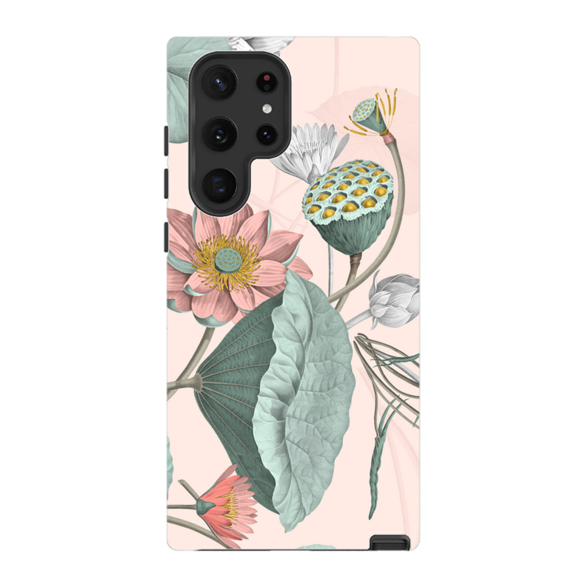 Samsung Galaxy tough case featuring a vintage botanical print of pink lotus flowers and green leaves on a pale pink background.