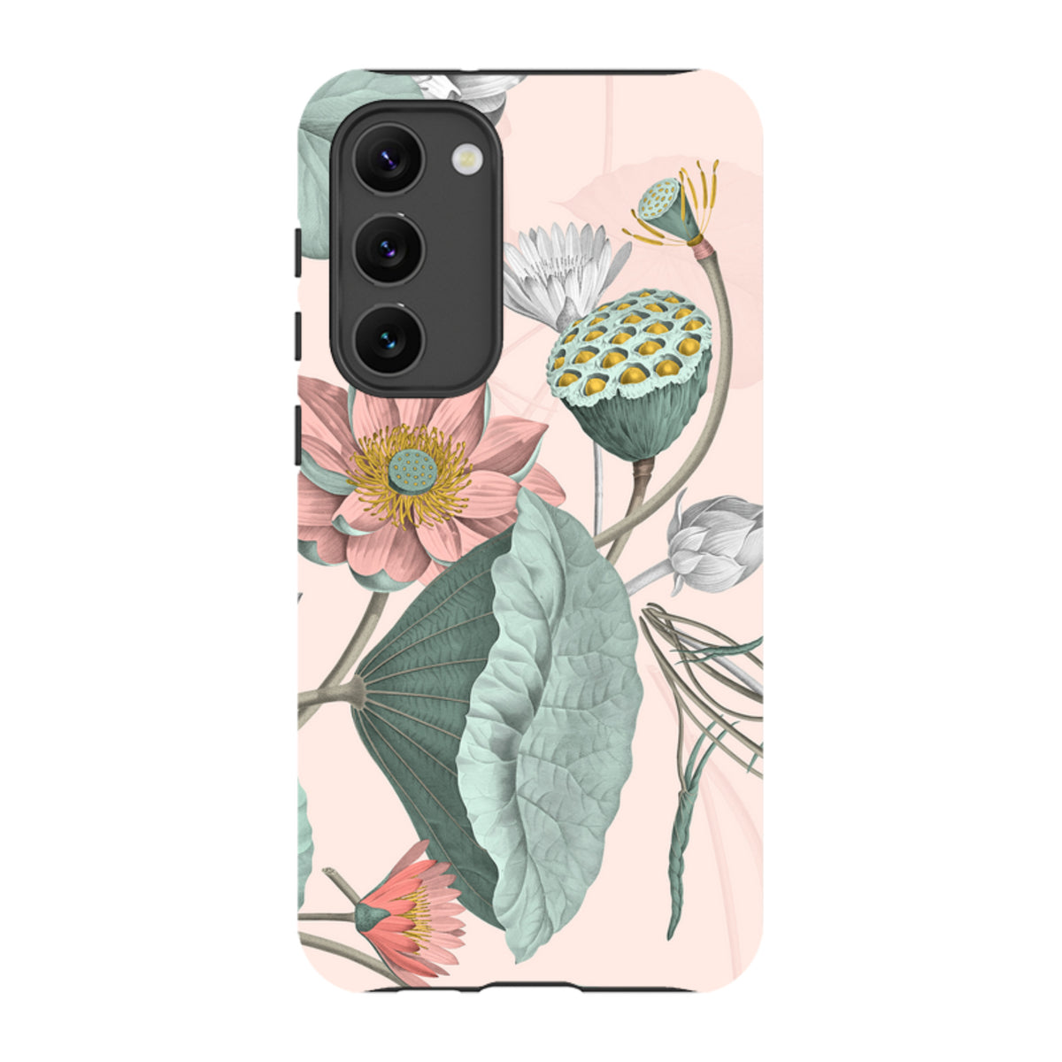 Samsung Tough Case featuring a botanical Finchcocks print with pink lotus flowers and green leaves on a pale pink background.