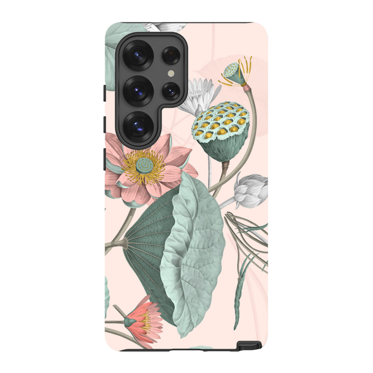 Samsung Tough Case featuring a pink floral Finchcocks design with lotus flowers and leaves on a dual-layer protective shell.