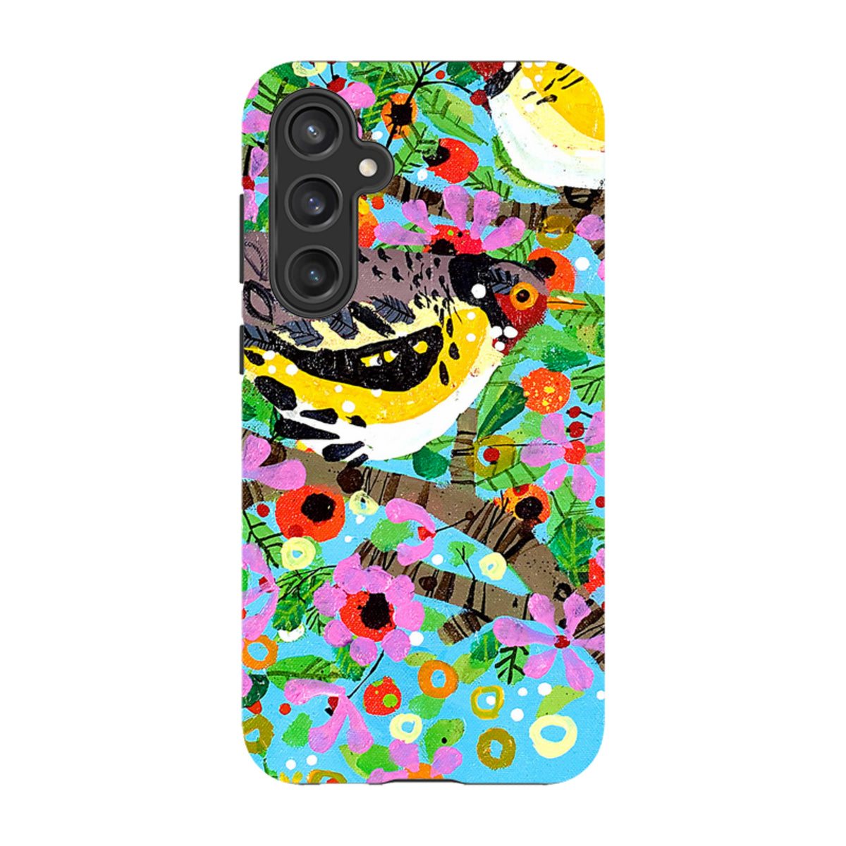Samsung Tough Case featuring Claire West’s vibrant finch artwork with colorful flowers on a bright blue background.