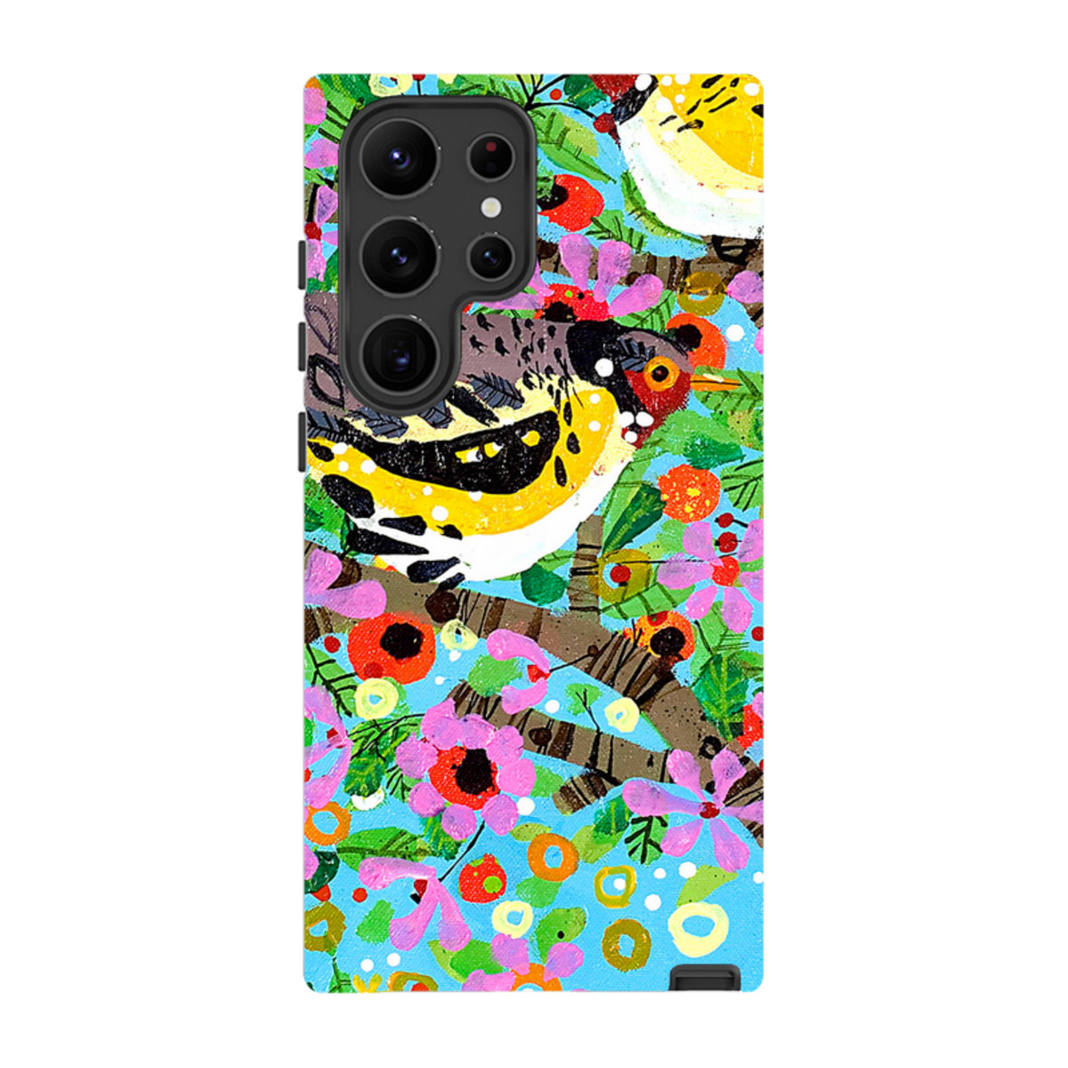 Samsung Tough Case featuring Claire West’s vibrant finch artwork with colorful floral patterns and dual-layer protection.