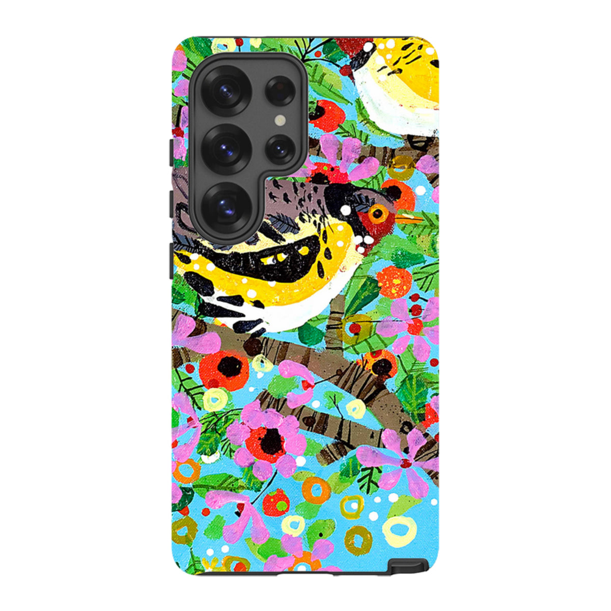 Samsung Tough Case featuring vibrant finch artwork by Claire West with a protective dual-layer design and camera cutout.