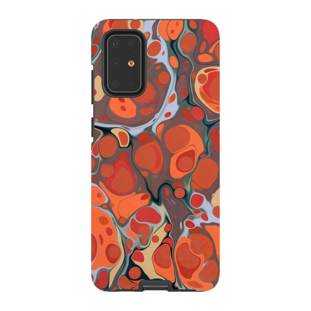 Samsung Tough Case featuring a vibrant, abstract flaming volcano design with dual-layer protection and camera cutout.
