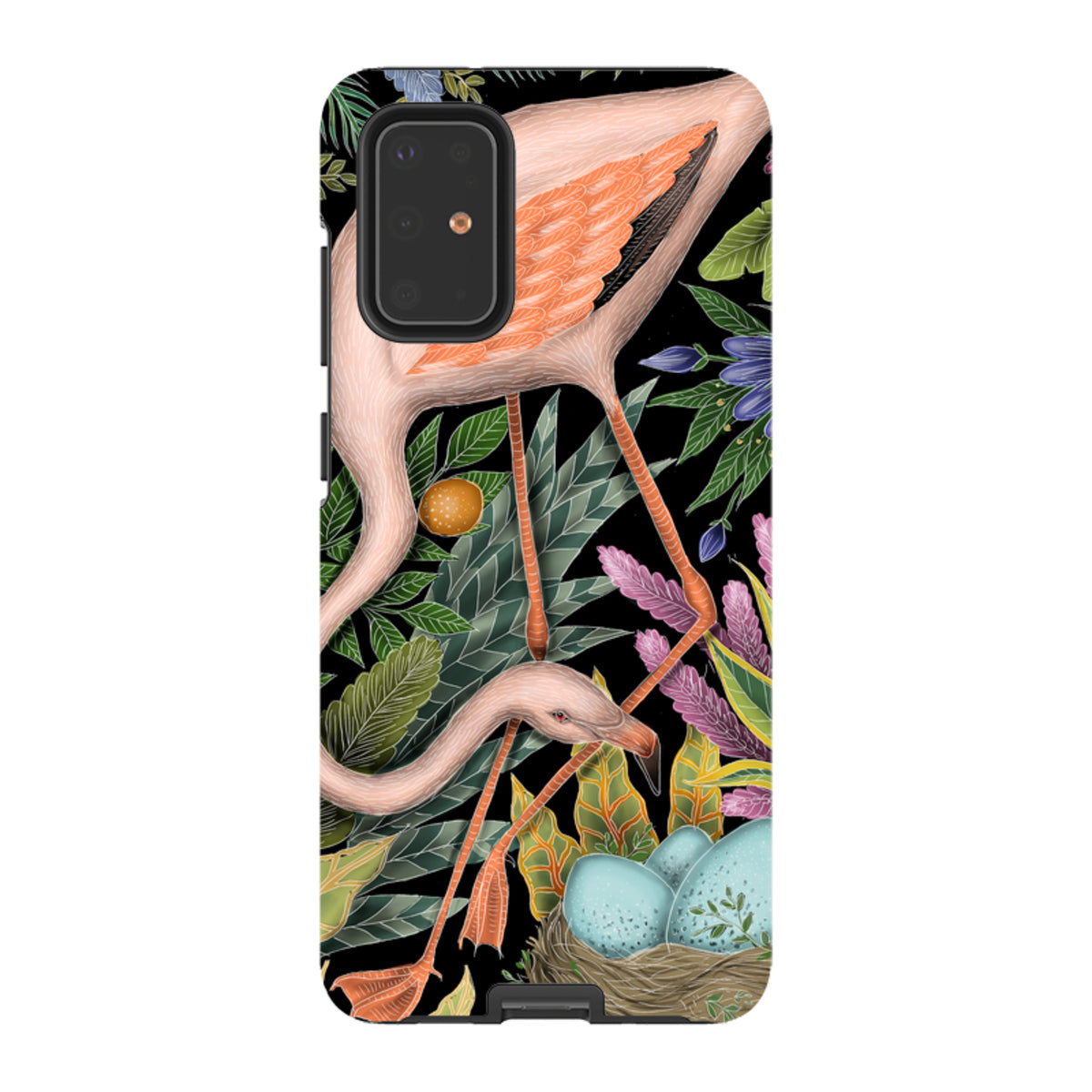 Samsung tough phone case featuring a vibrant flamingo and tropical foliage illustration on a black background.