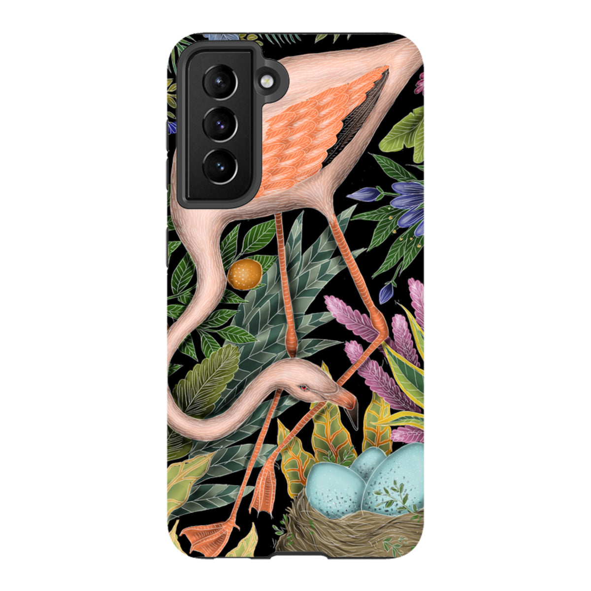 Samsung Tough Case featuring a vibrant flamingo and nest illustration on a black background with dual-layer protection.
