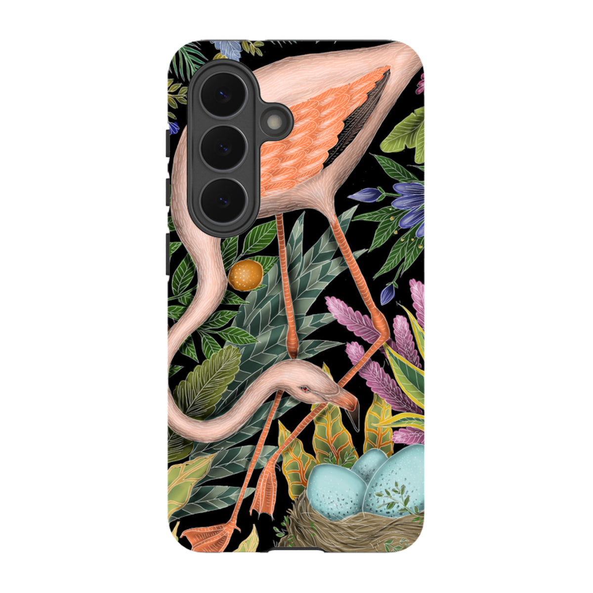 Samsung Galaxy tough case featuring Catherine Rowe's flamingo and tropical foliage art on a black background.