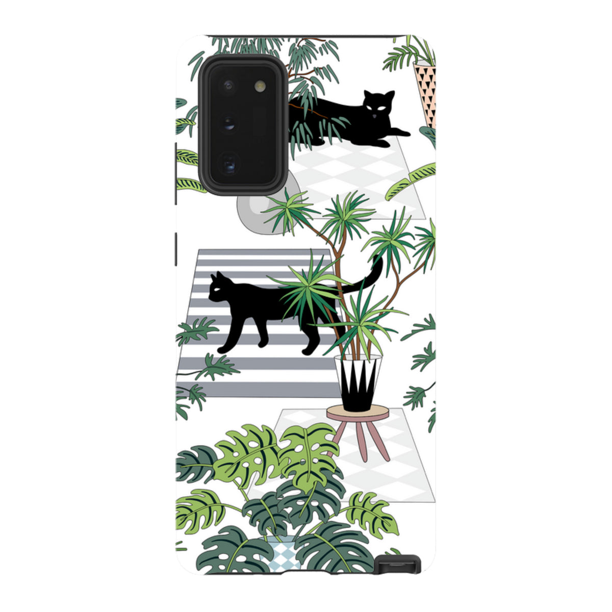 Samsung Tough Case featuring a black cat and houseplant pattern on a white background with dual-layer protection.