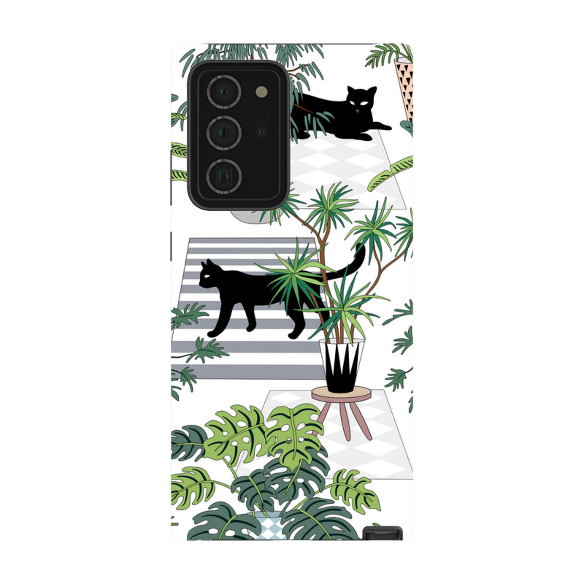 Samsung Tough Case featuring a black cat and tropical plant pattern on a white background with a camera cutout.