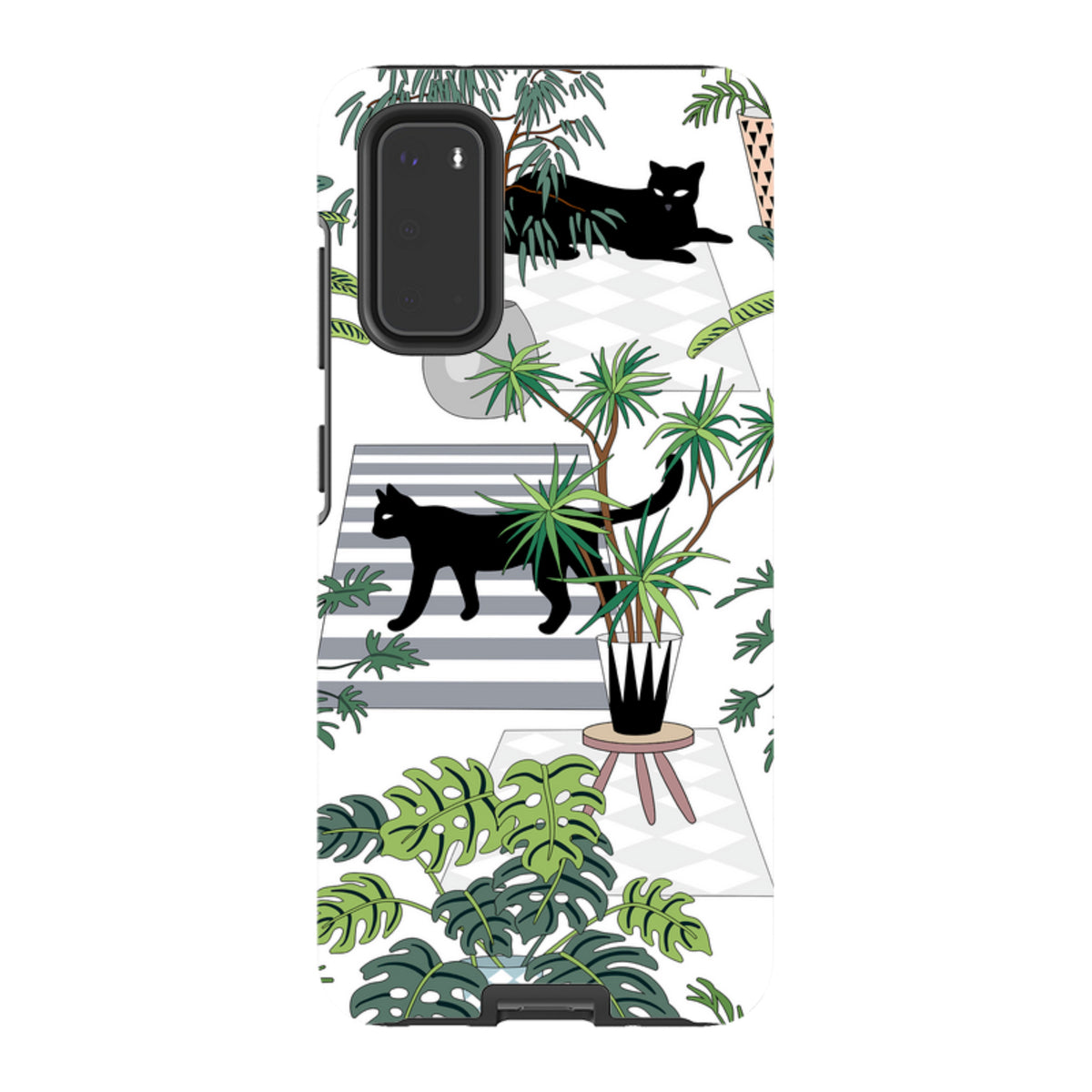 Samsung Tough Case featuring a black cat and houseplant pattern on a white background with dual-layer protection.