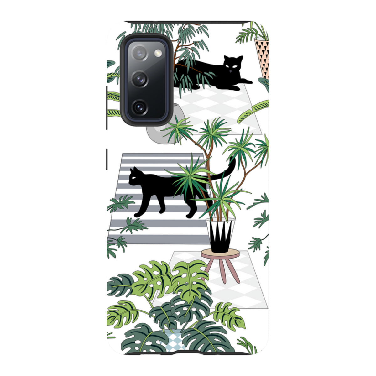 Samsung Tough Case featuring a black cat and houseplant pattern on a white background with dual-layer protective design.