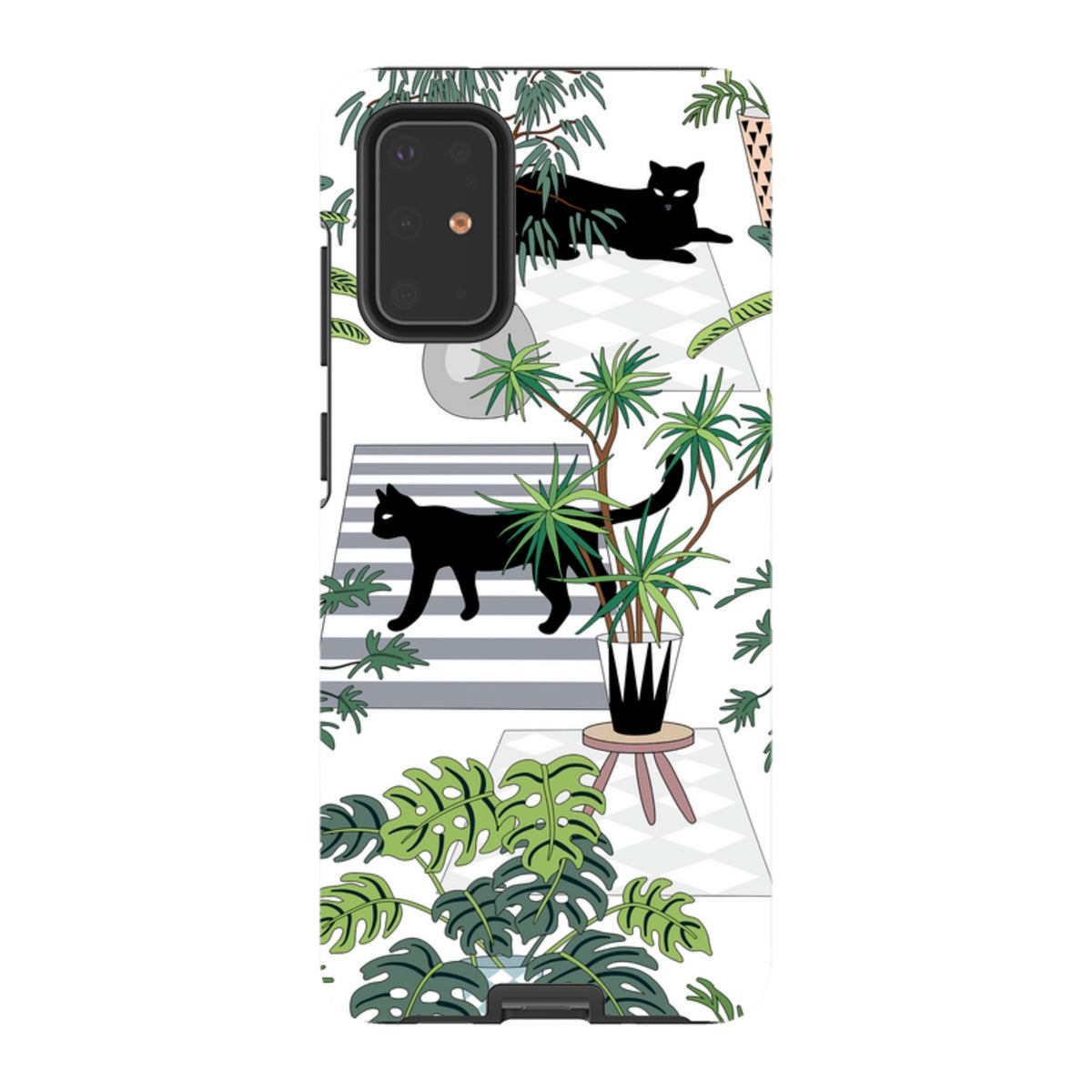 Samsung Tough Case featuring a black cat and houseplant pattern on a white background with a durable dual-layer design.