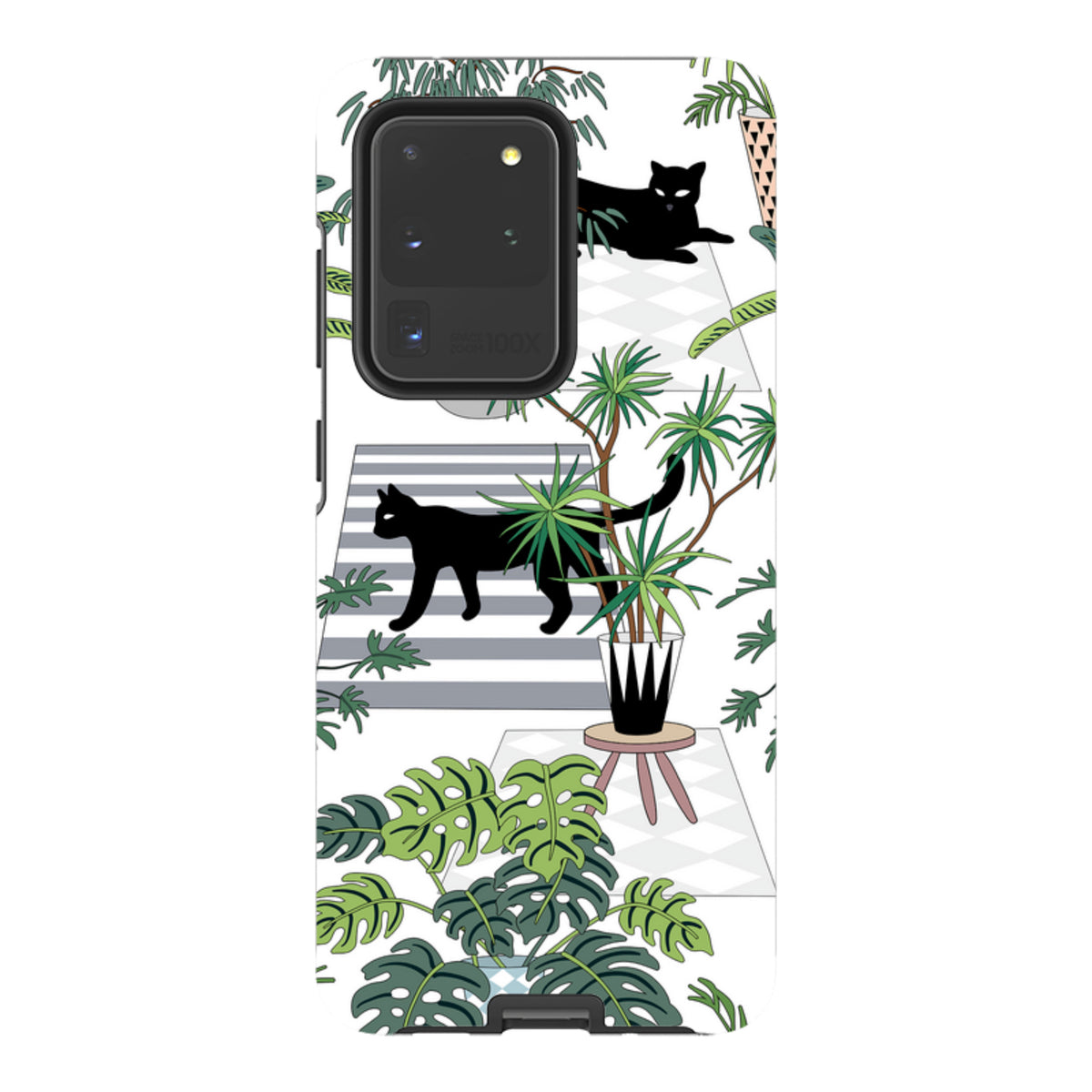 Samsung Tough Case featuring a black cat and tropical plant pattern on a white background with a dual-layer protective design.