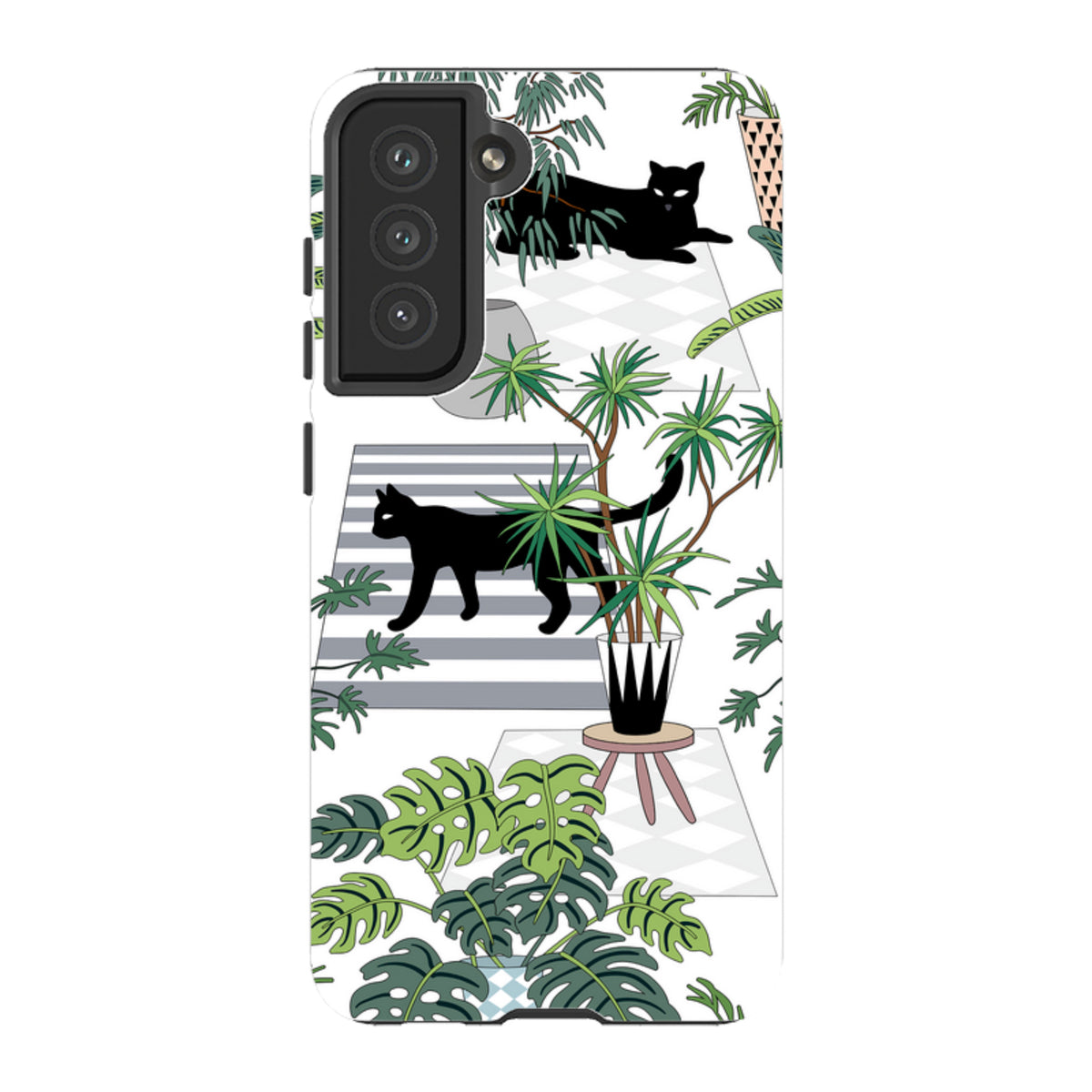 Samsung Tough Case featuring a black cat and tropical plant pattern on a white background with dual-layer protection.