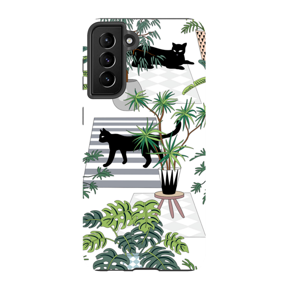 Samsung Tough Case featuring a black cat and tropical plant illustration on a white background with a triple-lens camera.