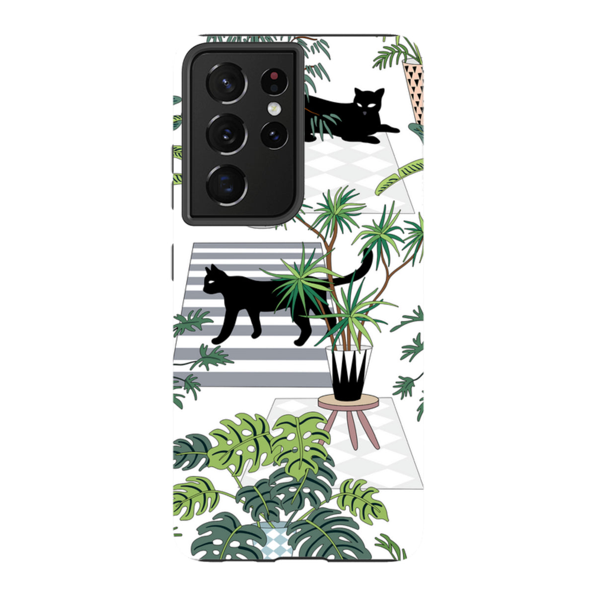 Samsung Tough Case featuring a black cat and tropical plant pattern on a white background with a dual-layer design.