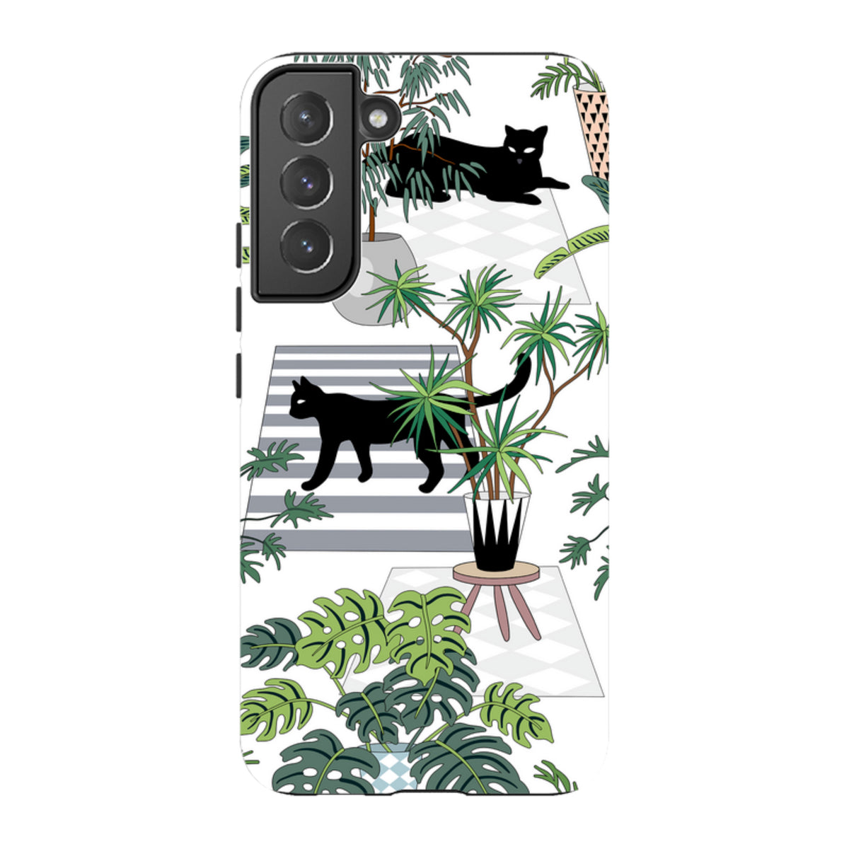 Samsung Tough Case featuring black cats, potted plants, and geometric rugs on a white background with dual-layer protection.