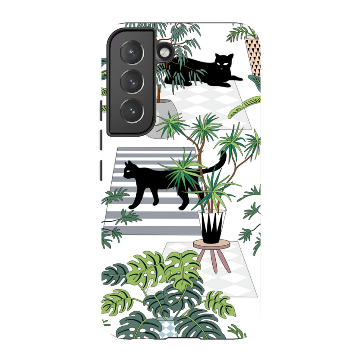 Samsung Tough Case featuring a black cat and tropical plant illustration on a white background with a triple-lens camera cutout.