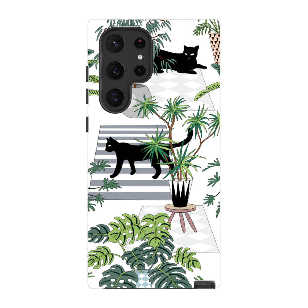 Samsung Tough Case featuring a black cat and houseplant pattern on a white background with a camera cutout.