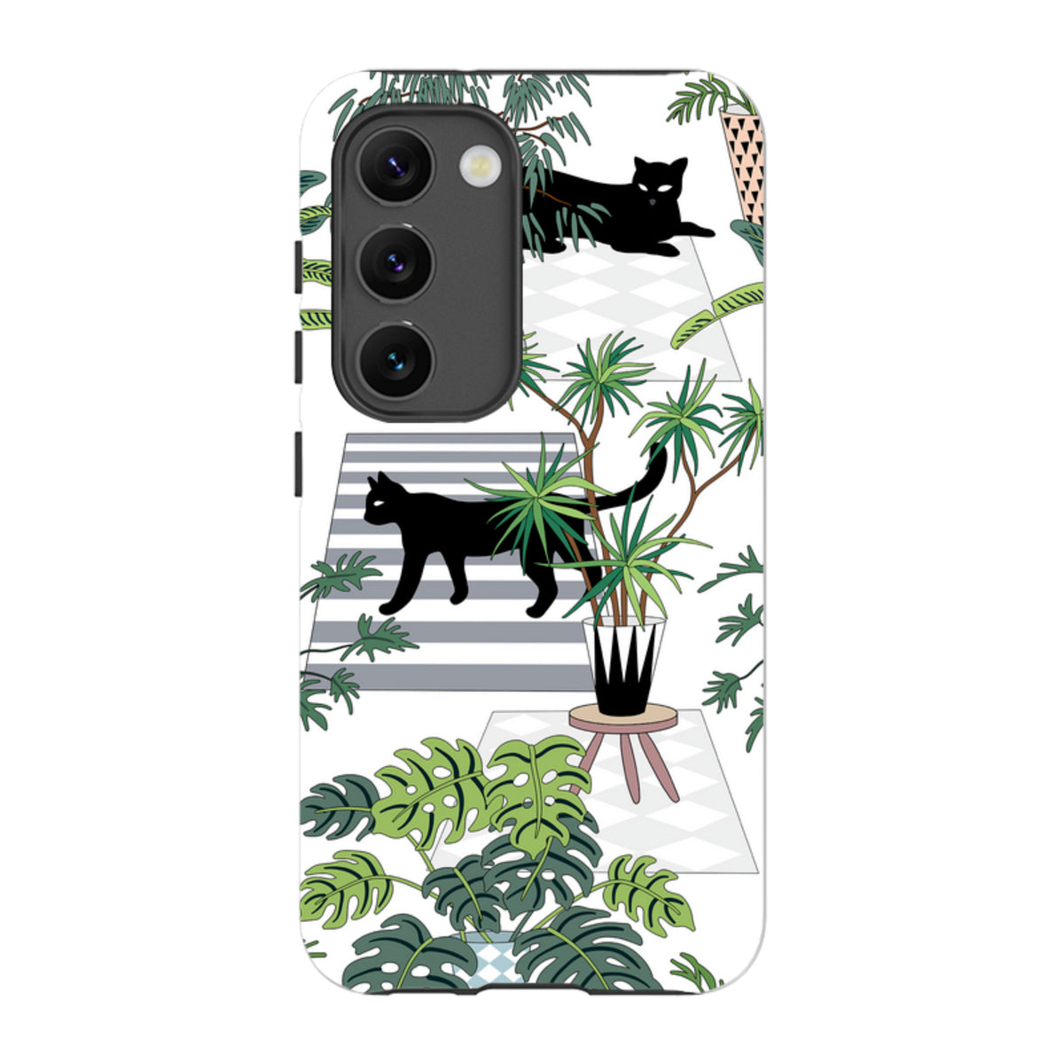 Samsung Tough Case featuring a black cat and tropical plant pattern on a white background with a durable dual-layer design.