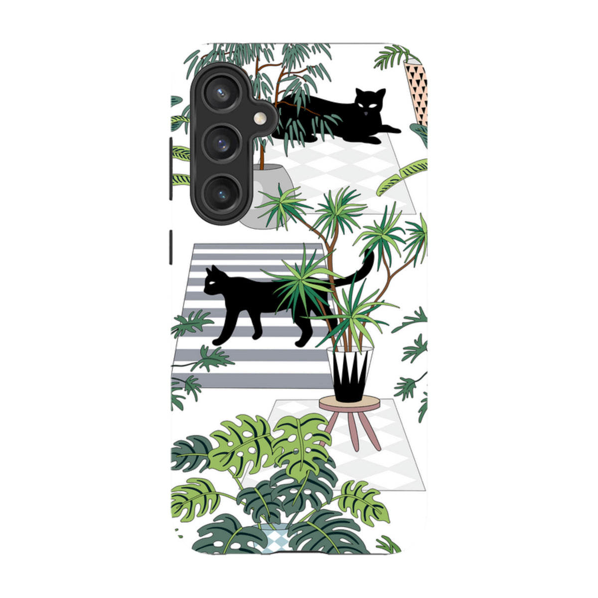 Samsung Tough Case featuring a white background with black cats, potted plants, and striped rugs in a modern art style.