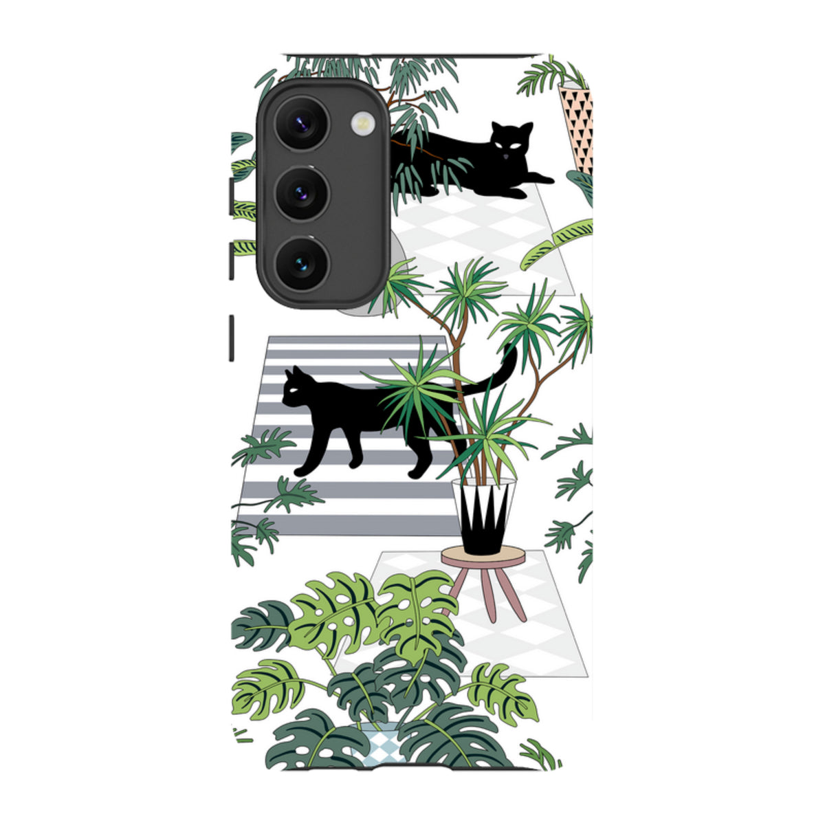 Samsung Tough Case featuring a black cat and tropical plant illustration on a white background with a triple camera cutout.