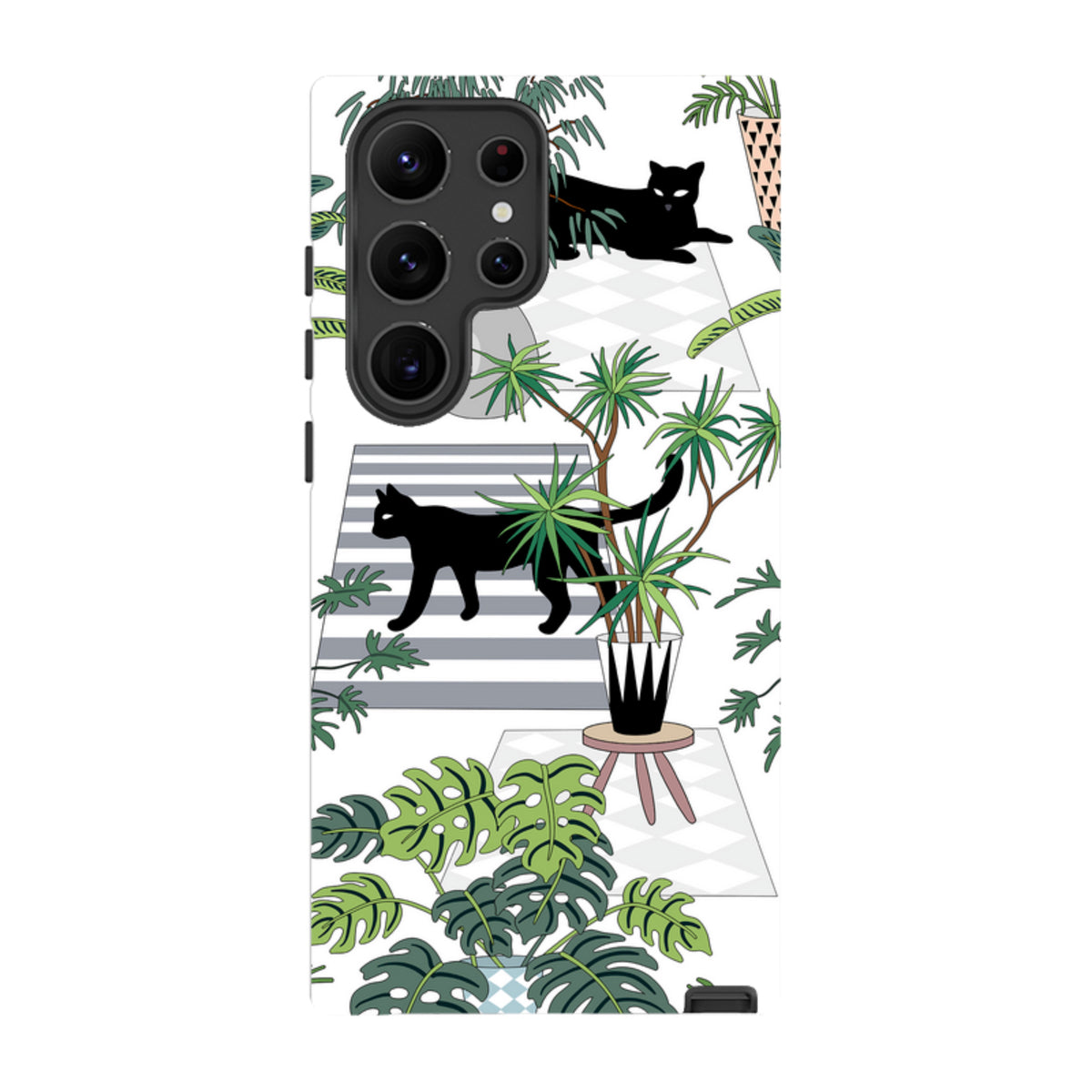 Samsung Tough Case featuring a black cat and tropical plant pattern on a white background with dual-layer protection.