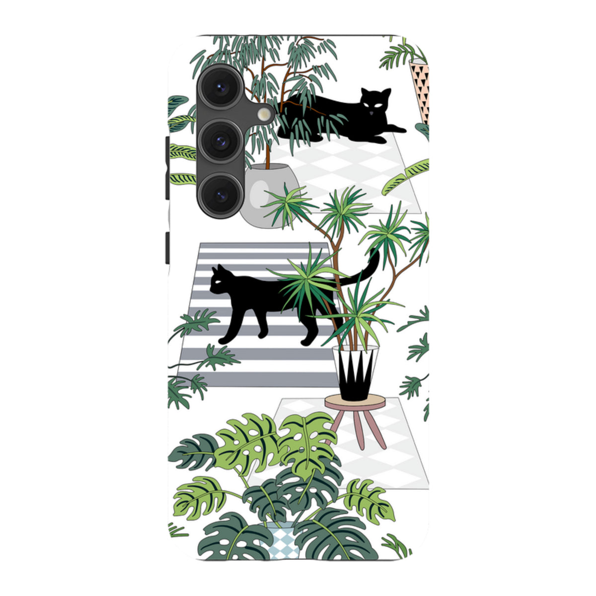 Samsung Tough Case featuring a black cat and houseplant pattern on a white background with a triple camera cutout.