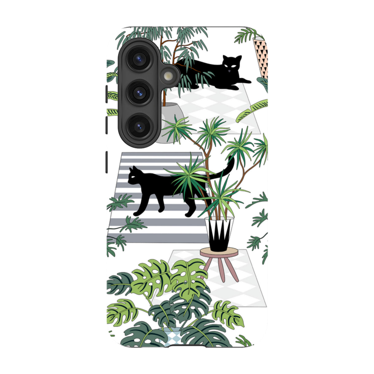 Samsung Galaxy tough case featuring a black cat and potted plant illustration on a white background with dual-layer protection.