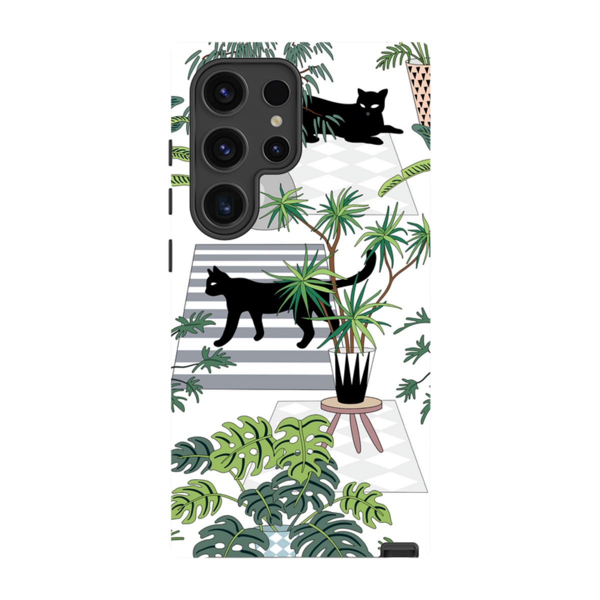 Samsung Galaxy tough case with a white background, black cat illustrations, and green potted plants in a modern style.