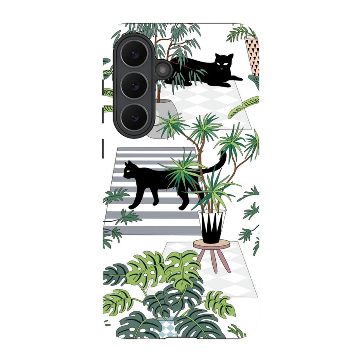 Samsung Tough Case featuring a black cat and indoor plant illustration on a white background with a triple camera cutout.