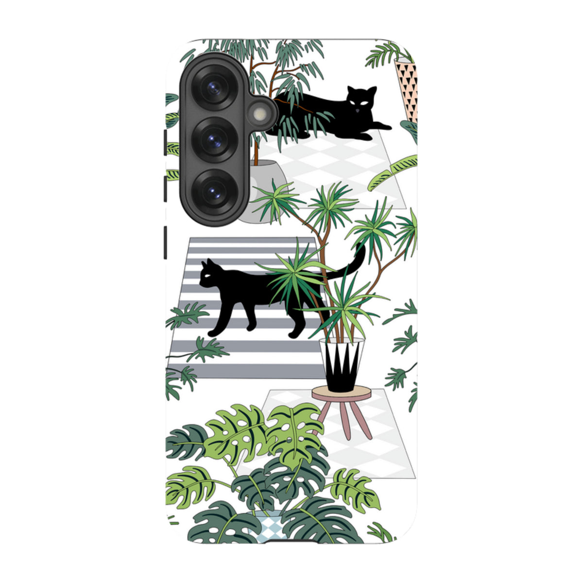 Samsung Tough Case featuring a black cat and tropical plant pattern on a white background with a triple-lens camera cutout.