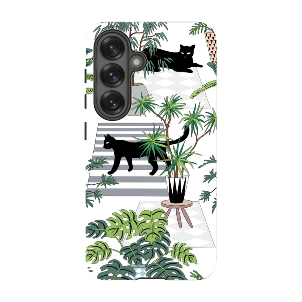 Samsung Tough Case featuring a black cat and houseplant illustration on a white background with a triple camera cutout.