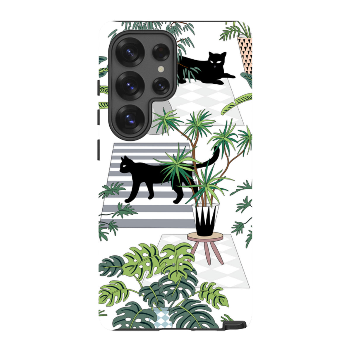 Samsung Tough Case featuring a black cat and tropical plant illustration on a white background with dual-layer protection.