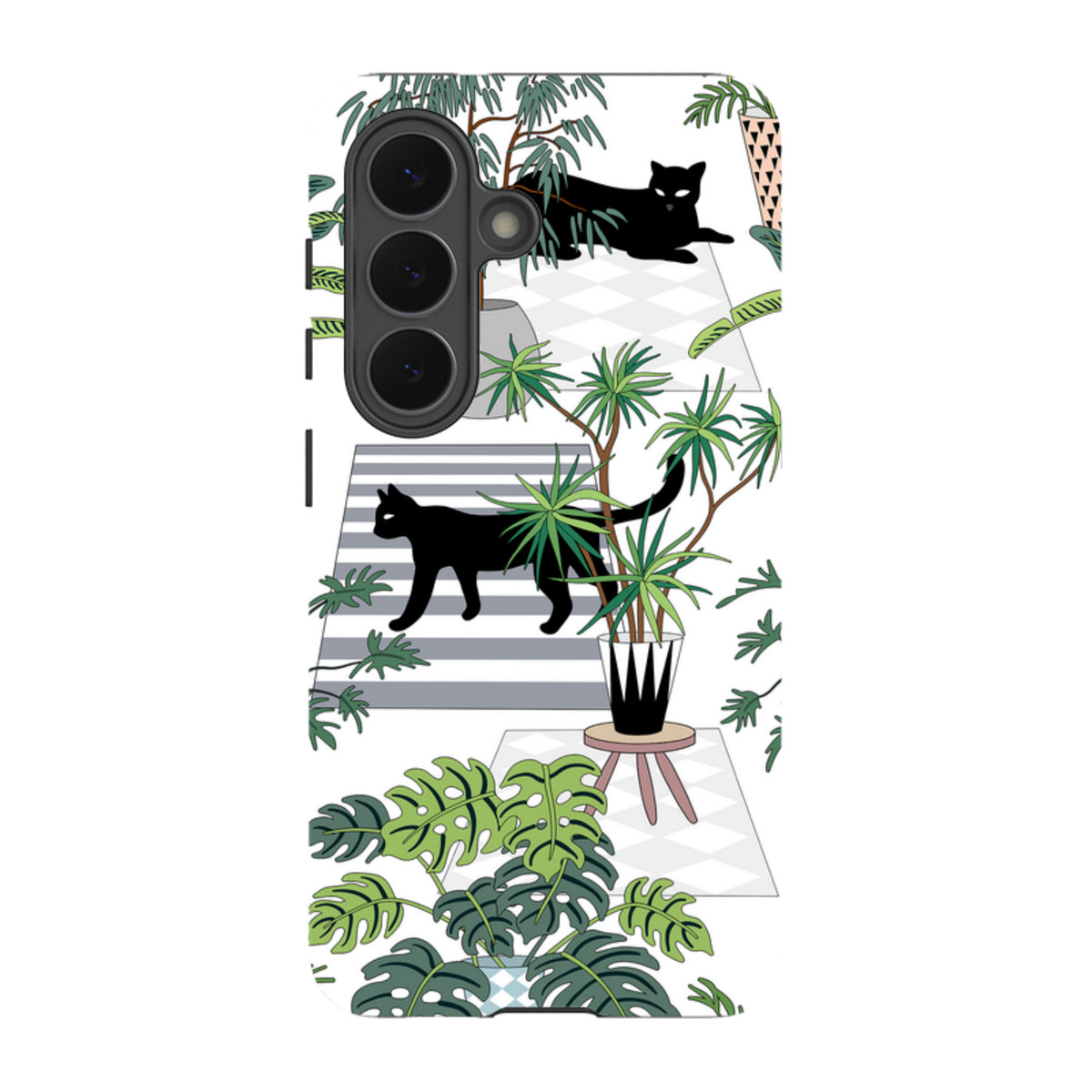 Samsung Tough Case featuring a black cat and tropical plant illustration on a white background with dual-layer protection.