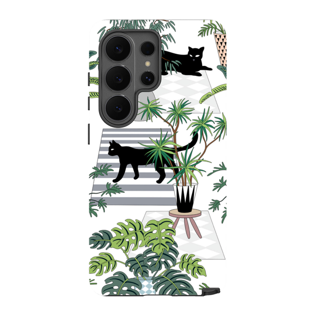 Samsung Tough Case with Flimby art featuring black cats and green houseplants on a white background.