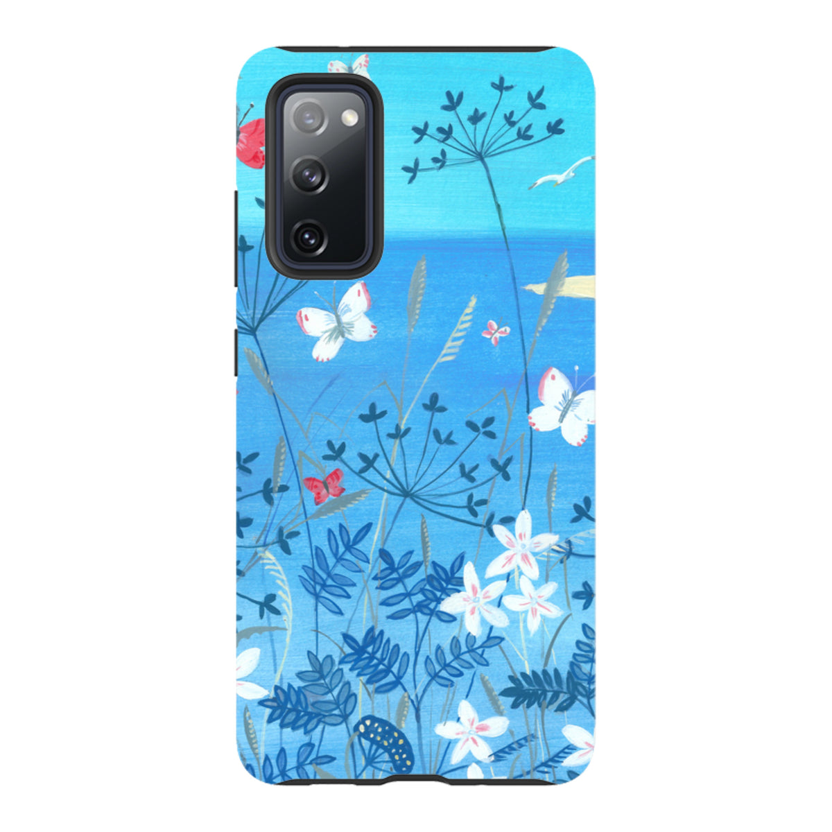 Samsung Tough Case featuring Mary Stubberfield floral art with butterflies and white flowers on a vibrant blue background.