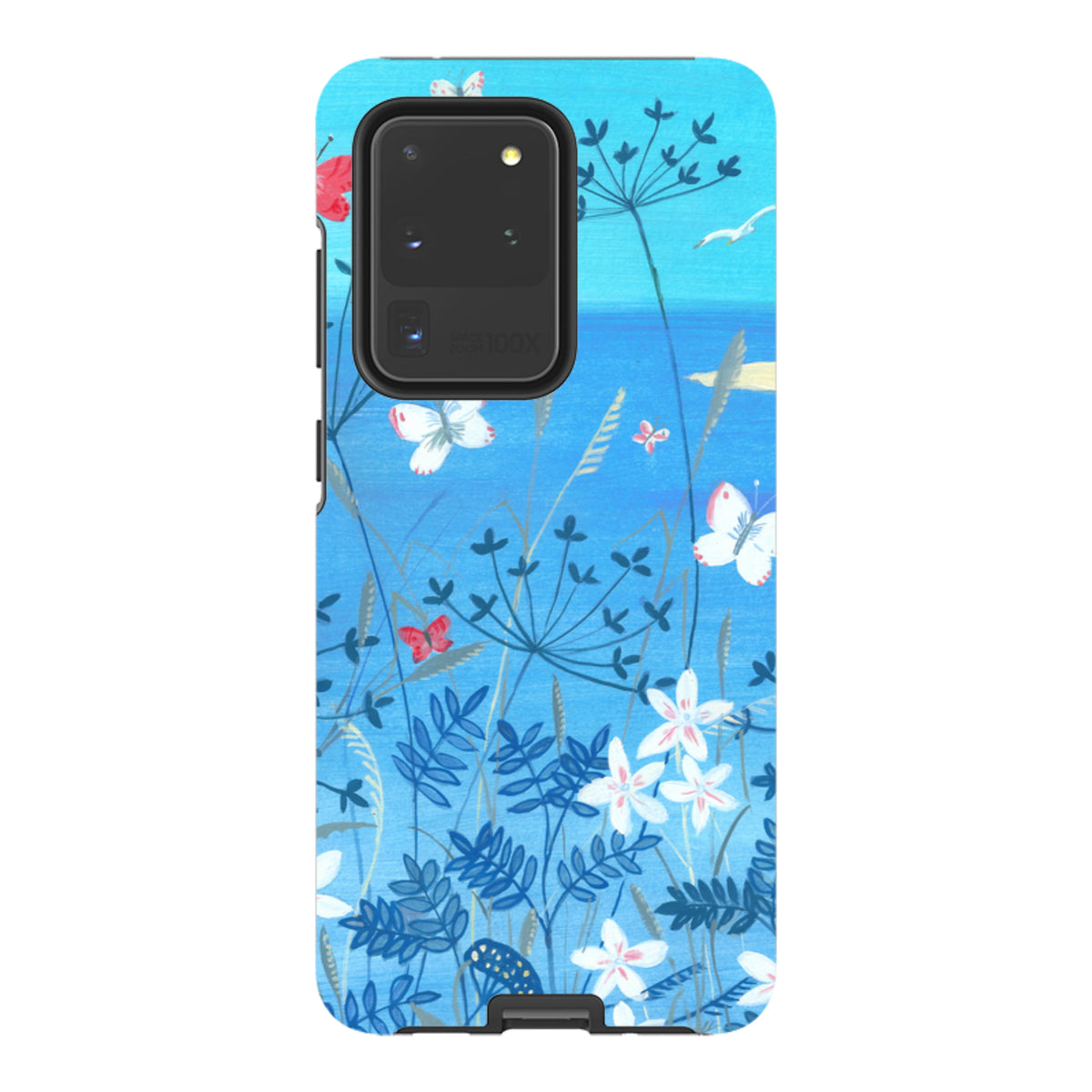 Samsung Tough Case featuring Mary Stubberfield’s blue floral and butterfly art with dual-layer protection.