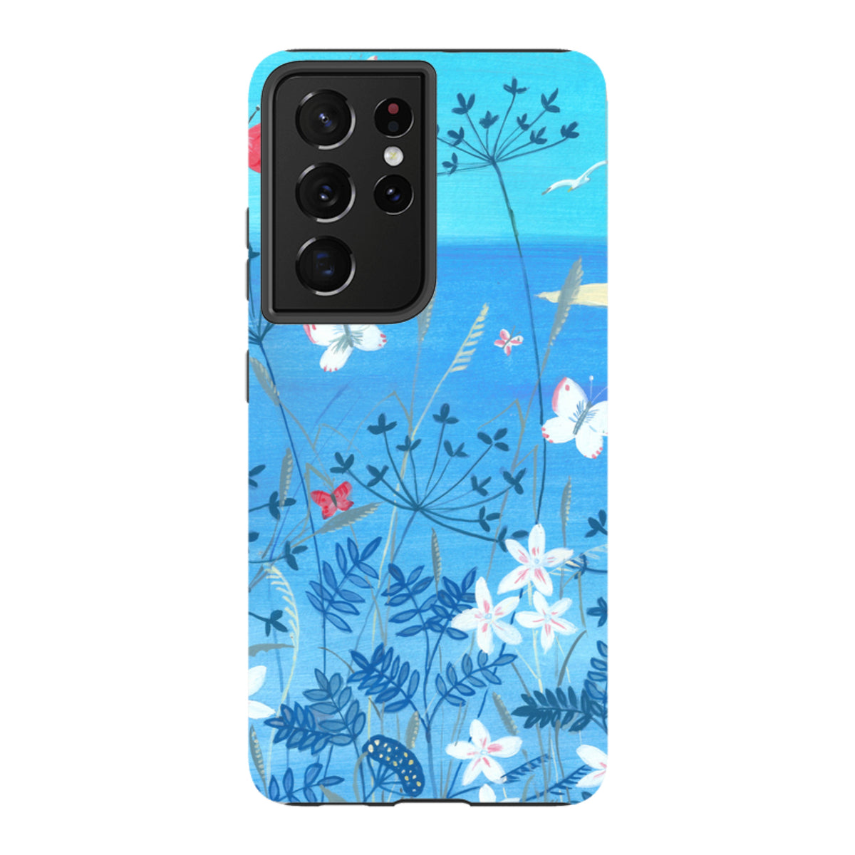 Samsung Tough Case featuring a blue floral and butterfly art print with a dual-layer protective design for Galaxy phones.