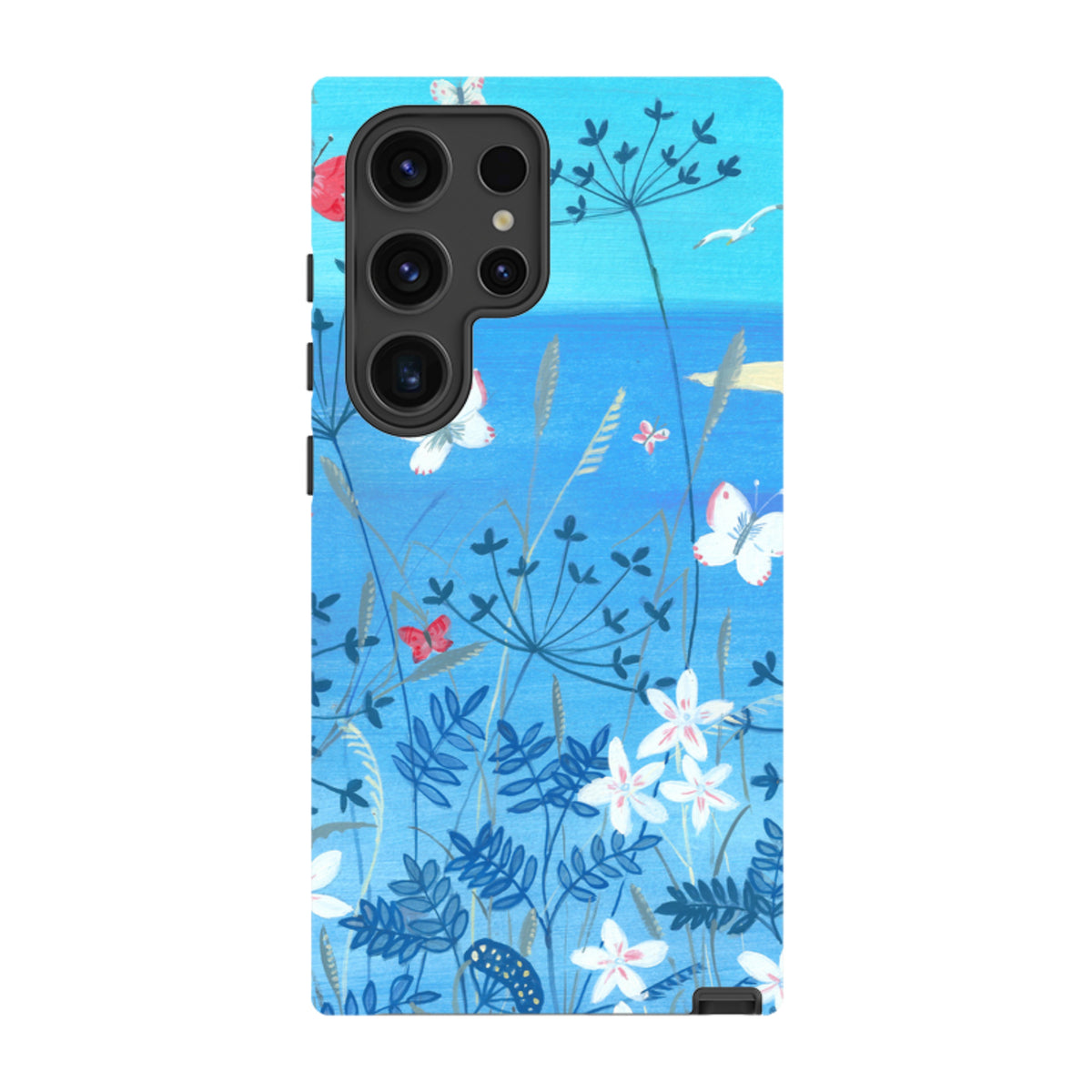Samsung Tough Case featuring a blue floral meadow design with butterflies, dual-layer protection, and camera cutouts.