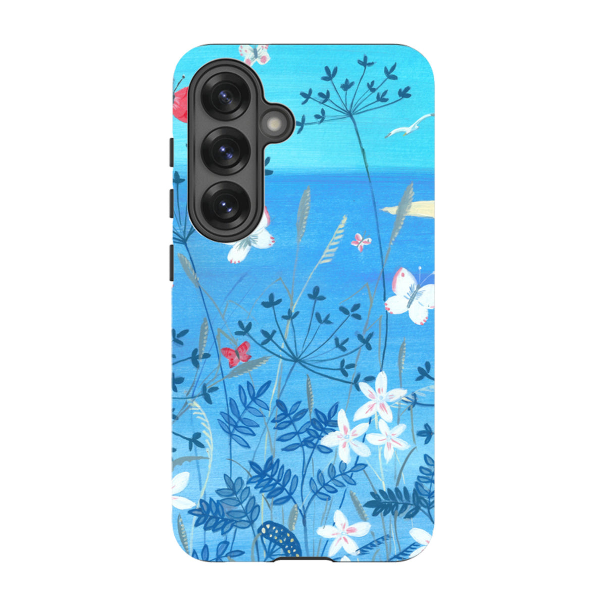 Samsung Tough Case featuring a blue floral meadow design with butterflies and a durable dual-layer protective shell.
