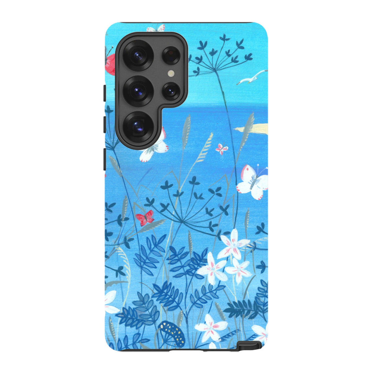 Samsung Tough Case featuring a vibrant blue floral and butterfly art print with a durable dual-layer protective shell.