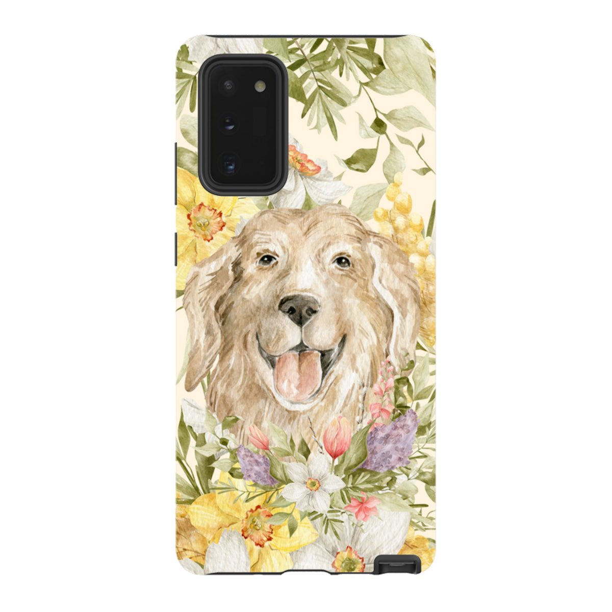 Samsung Galaxy tough case featuring a watercolor golden retriever surrounded by vibrant yellow and purple floral art.