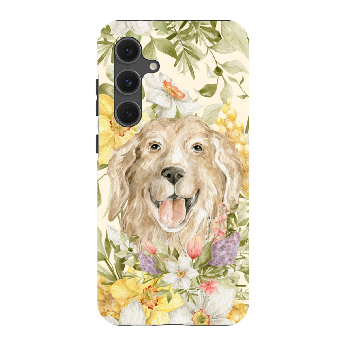 Samsung Tough Case featuring a watercolor golden retriever surrounded by vibrant yellow and white floral illustrations.