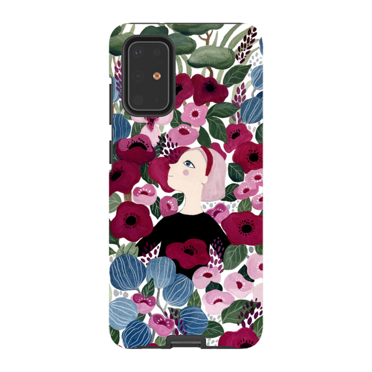 Samsung Tough Case featuring Bex Parkin’s floral garden art with a girl surrounded by vibrant red and blue flowers.