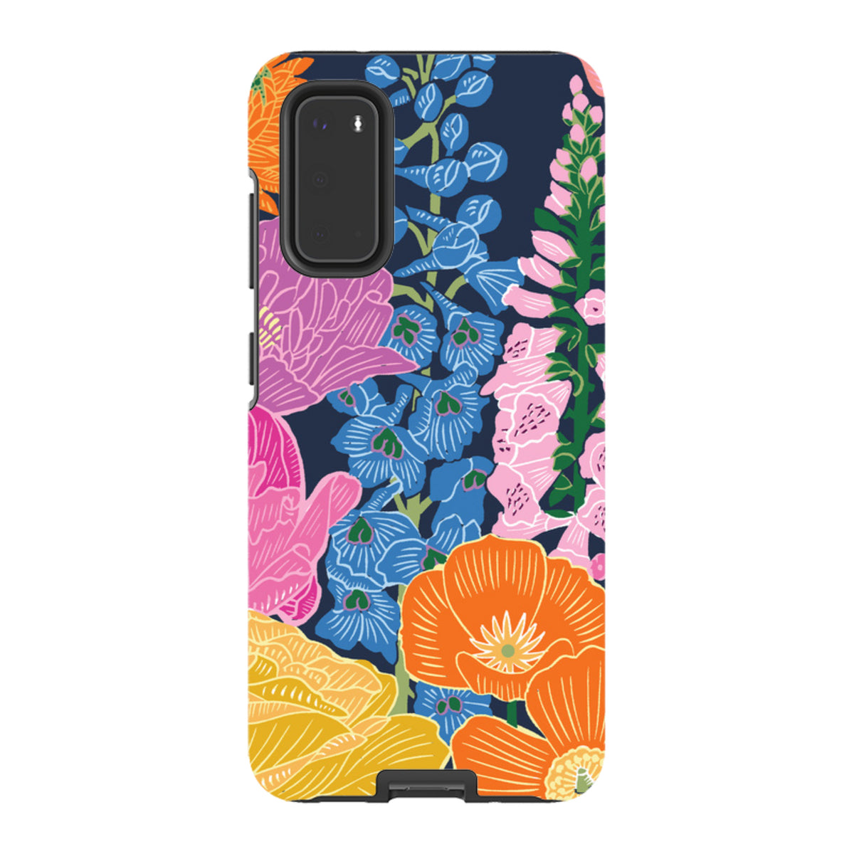 Samsung Tough Case featuring a vibrant navy floral garden print by Kate Heiss with dual-layer protective construction.