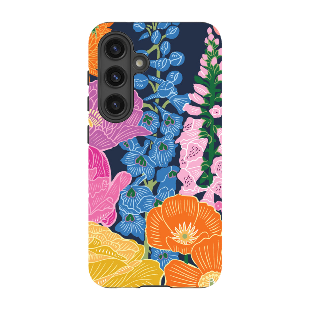 Samsung Tough Case featuring a vibrant floral garden print on a navy background with a triple-lens camera cutout.
