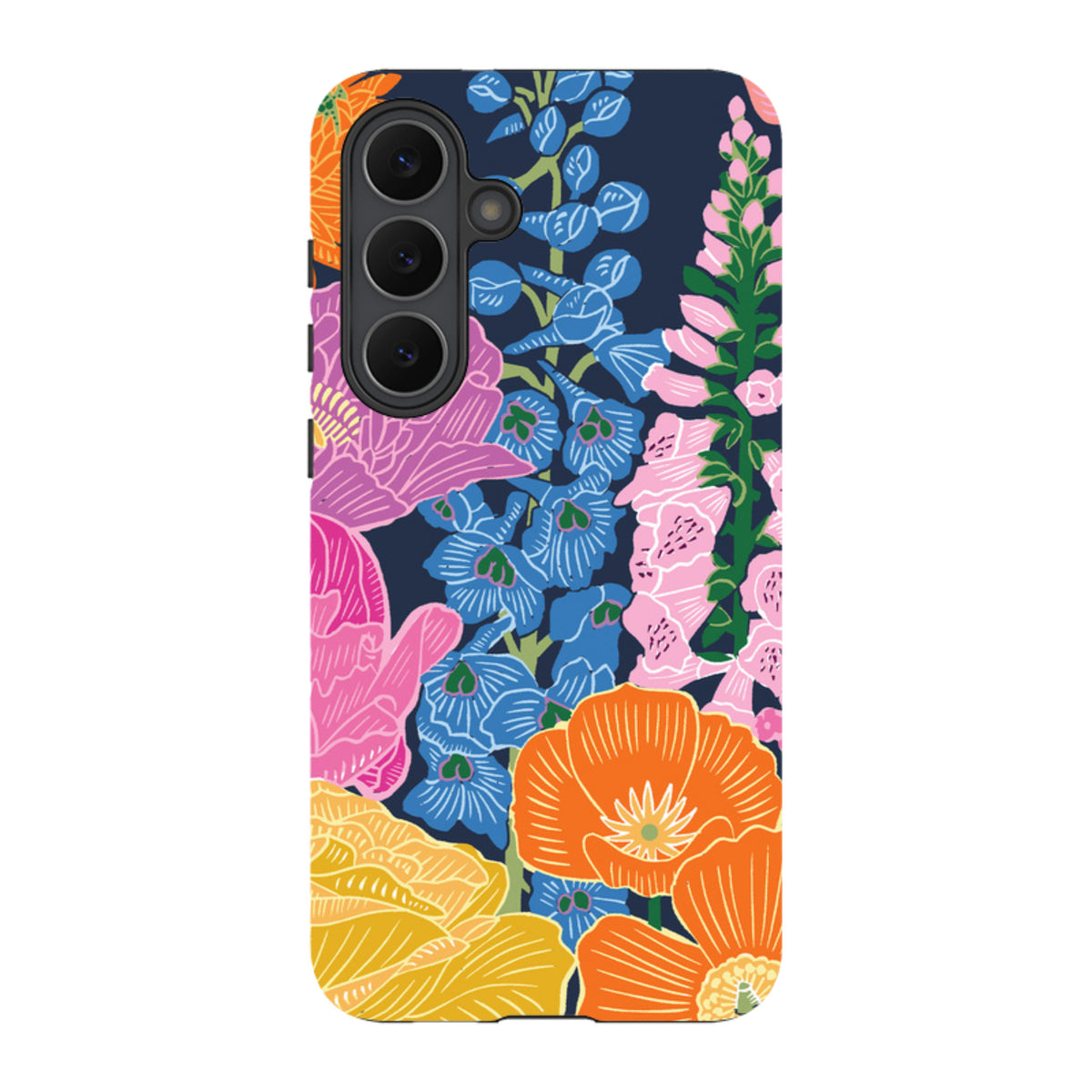 Samsung Tough Case featuring a vibrant navy floral garden print by Kate Heiss with dual-layer protection.