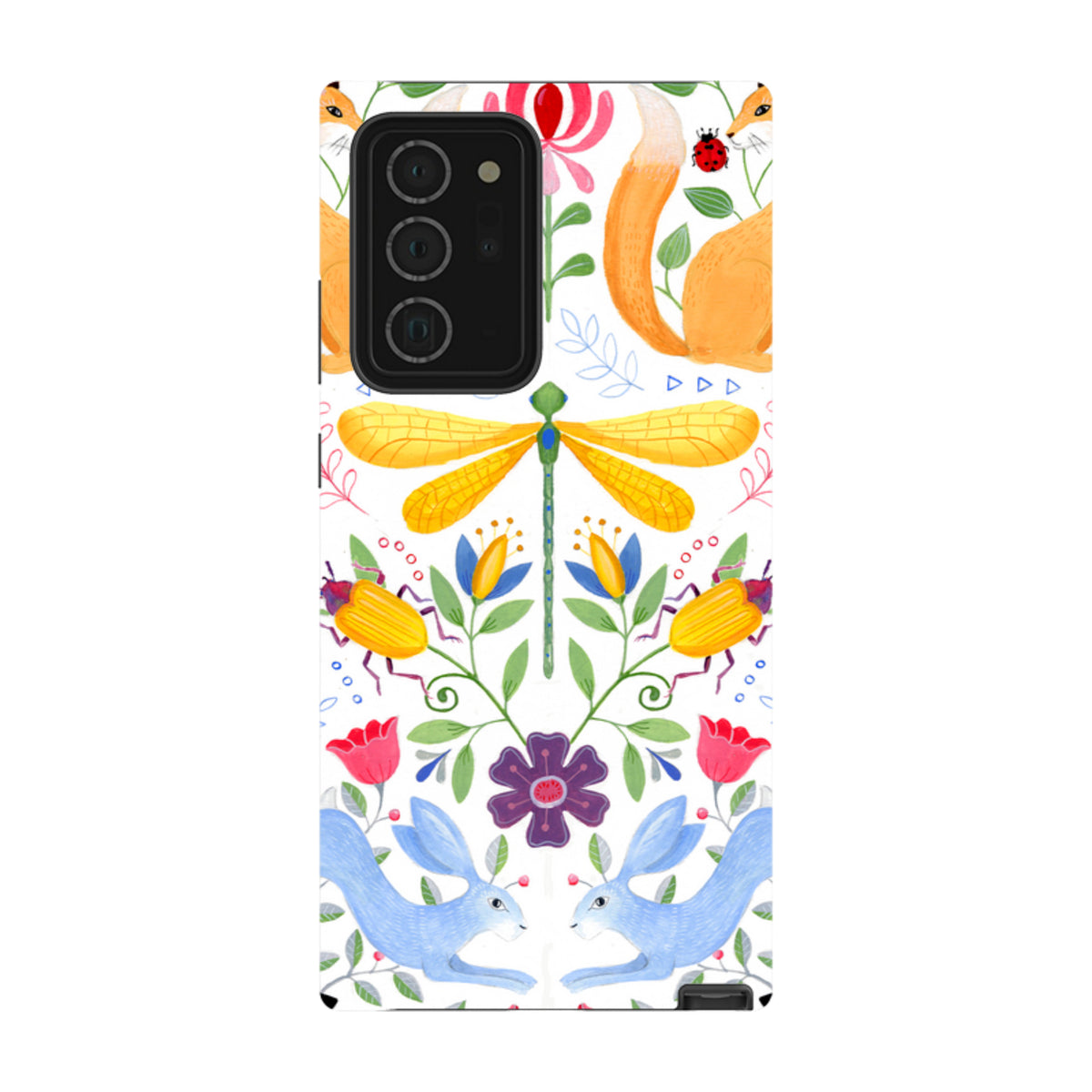 Samsung Tough Case featuring a vibrant Folk Garden print with foxes, blue rabbits, a dragonfly, and colorful flowers.