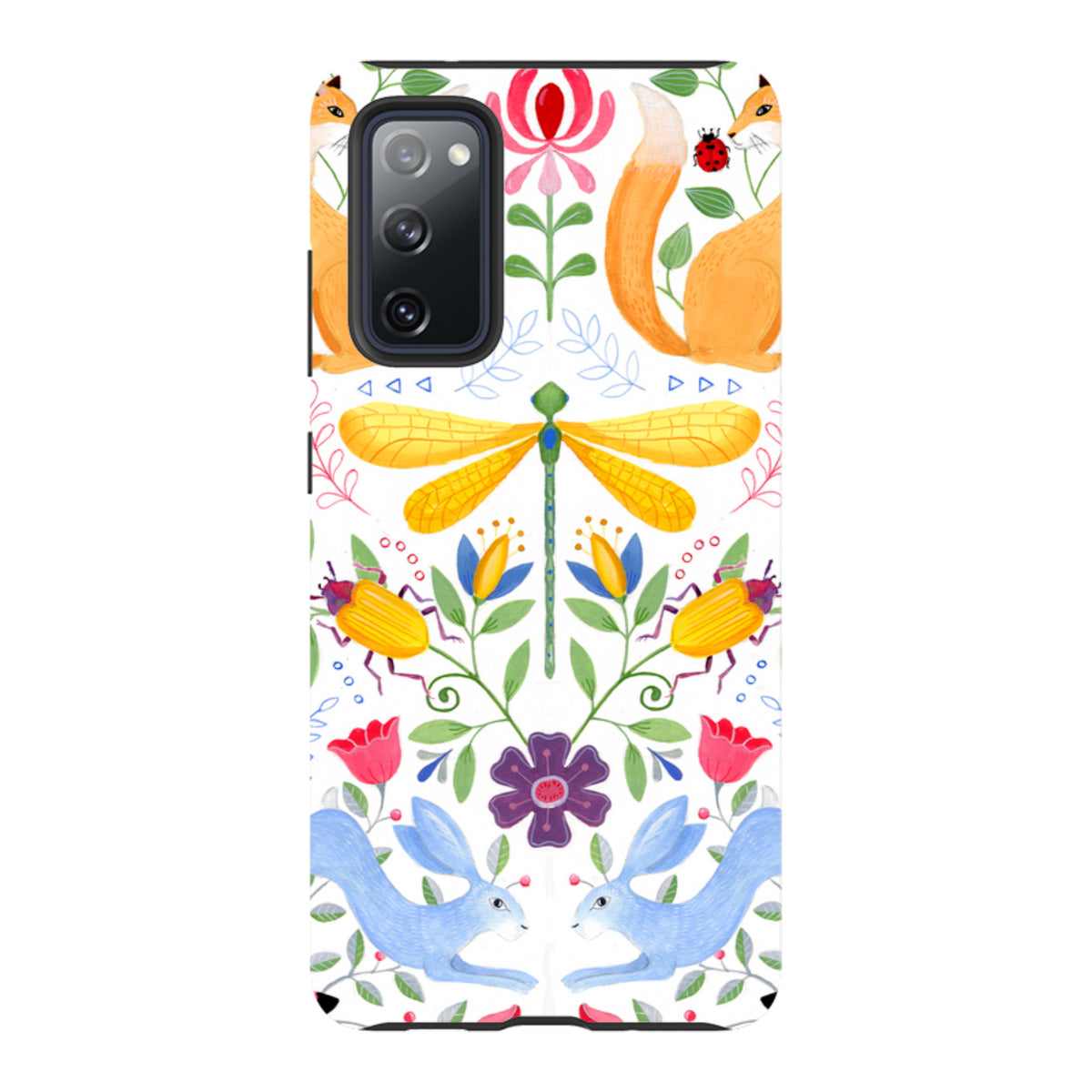 Samsung Tough Case featuring a vibrant Folk Garden floral and animal print with foxes, rabbits, and a dragonfly.